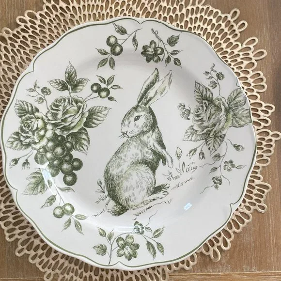Maxcera Easter Bunny Rabbit Green White Toile Dinner Plates ~New ~Set of 2 - Picture 3 of 7